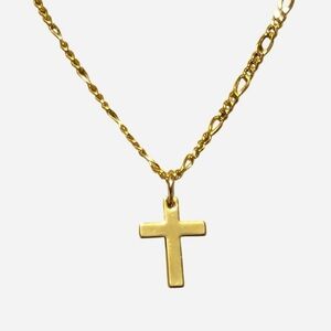 15mm Gold cross pendant necklace on a 18k Gold Filled (GF) figaro chain necklave
